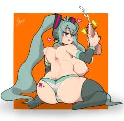 1boy 1girls artist_signature ass ass_focus cum_trail cumming detached_sleeves doctor5648 hair_ornaments handjob hatsune_miku headphones heart huge_breasts long_twintails nipples number_tattoo olive_eyes orgasm plump sleeves_past_wrists striped_panties tattoo_on_ass teal_hair thick_thighs tongue_out twintails vocaloid