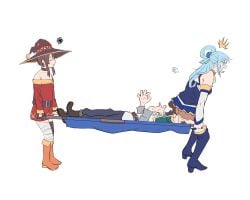 1boy 2girls absurdres accidental_pervert aldwelter aqua_(konosuba) ass ass_in_face bare_ass blue_dress blue_eyes blue_footwear blue_hair blue_skirt boots bottomless brown_footwear brown_hair butt_crack buttocks cape closed_eyes detached_sleeves dress exposed_ass face_in_ass fingerless_gloves gloves green_cape green_ribbons hair_ornament hand_up hat highres kono_subarashii_sekai_ni_shukufuku_wo! long_hair megumin meme multiple_girls no_panties no_panties_under_skirt no_underwear pervert red_dress rescue ribbon satou_kazuma scene_reference short_hair simple_background sitting sitting_on_face sitting_on_person skirt stretching surprised sweat thighhighs third-party_edit witch_hat