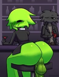 1boy 1futa 2024 apple_green_hair ass ass_focus back back_view balls bar bar_stool bartender big_ass biimooner black_body blush bottomless clothed clothing cock-tail cocktail_glass dat_ass dickgirl drink drunk erection futa_focus futa_sans_pussy futanari glass green_body hanging_balls hanging_penis huge_ass huge_cock humanoid humanoid_penis inviting looking_at_another looking_at_viewer looking_back martini_glass mostly_clothed one_eye_closed penis polygon purple_background self_upload sitting smiling solo_focus spin_syudo stool stool_position suit veiny_penis wine zellie_(spin_syudo)