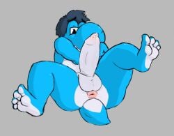 2016 4_toes anthro anus ass balls banana_da_boi big_penis blue_body blue_butt blue_eyes blue_hair blue_skin bodily_fluids cyan_yoshi erection feet floating_eyebrows foreskin genital_fluids genitals grey_background hackel hair looking_down lying male male_only nintendo nude on_back penis pink_anus plantigrade precum presenting presenting_anus presenting_balls presenting_hindquarters presenting_penis scalie short_tail simple_background solo super_mario_bros. tail toes unretracted_foreskin white_balls white_body white_foreskin white_penis white_skin yoshi