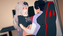 1boy 1girls 3d_animation animal_ears animated black_shirt blush bottomless chair clauvio faceless_male gamer_chair hands_on_hips indie_virtual_youtuber long_hair mouse_girl no_sound penetration sex shirt straddling tagme vaginal_penetration video virtual_youtuber vtuber wataamage white_hair