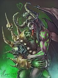 2017 ass beard blizzard_entertainment bone bottomless claws clothed clothing demon duo elf elf_male facial_hair french_kissing gay glowing glowing_eyes green_body gul'dan hair heart_symbol hi_res humanoid illidan_stormrage_(warcraft) kissing long_beard long_hair male male/male markings mature_male membrane_(anatomy) membranous_wings mrbonecracker night_elf nude orc orc_male purple_body skull tongue tongue_out tongues_touching tusks warcraft wings