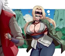 1boy 1girls angry arms_behind_back big_breasts blindfold blonde_hair bondage breasts brown_eyes busty castagno center_opening choker dominant dominant_male faceless_male female fetish gag haori head_out_of_frame highres huge_breasts improvised_gag issa94 jingle_bell jiraiya kimono male male/female mature mature_female mature_woman muzzle_(object) muzzled naruto naruto_(series) naruto_shippuden neckwear nipples no_bra one_eye_closed pants ponytail scroll speech_bubble submissive submissive_female text tied_up tsunade twintails white_hair