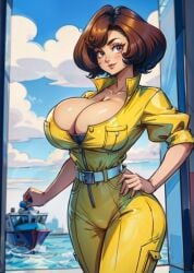 1girls ai_generated april_o'neil ass belt big_breasts boat brown_eyes brown_hair cleavage cleavage_overflow female female_only huge_breasts jacket jumpsuit large_breasts lips looking_at_viewer parted_lips red_hair sky smile solo solo_female stable_diffusion tampopo teenage_mutant_ninja_turtles tight_clothing window yellow_jumpsuit zipper