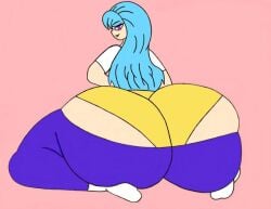 1female 1girl ass ass_bigger_than_head ass_focus big_ass big_butt blue_hair dat_ass exposed_panties fat_ass female female_only friday_night_funkin friday_night_funkin_mod leggings light-skinned_female light_blue_hair light_skin long_hair looking_at_viewer mischievous_look modinnikita panties pants_down pink_background purple_eyes purple_pants sister's_skyblue_(friday_night_funkin) skyverse smile solo solo_female tongue_out white_shirt yellow_panties