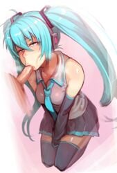 1boy :>= aqua_eyes aqua_hair detached_sleeves fellatio female hatsune_miku headphones highres long_hair nbo necktie oral penis seiza sitting skirt thighhighs tied_hair twintails very_long_hair vocaloid