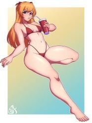 1girls asuka_langley_sohryu bent_legs bikini cup drinking female female_only long_hair looking_at_viewer neon_genesis_evangelion orange_hair red_bikini small_breasts solo souladdicted straw thick_thighs very_high_resolution