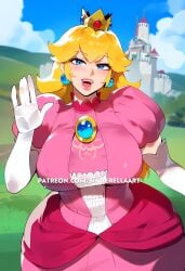 1girls ai_generated ass big_ass big_breasts big_butt blonde_hair blue_eyes breasts castle crown earrings gloves huge_breasts large_ass large_breasts mario_(series) nintendo pink_dress princess_peach sinderellaart thiccwithaq_(ai_style) waving white_gloves