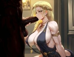 1boy 1girls ai_generated aipotions balls bare_arms bare_legs bare_shoulders bare_thighs big_breasts big_penis blonde_hair blowjob blush clothed clothing color crown dark-skinned_male dark_skin elden_ring fellatio female fromsoftware hand_on_penis hi_res interracial large_breasts light-skinned_female light_skin long_hair looking_at_viewer male male/female muscles muscular muscular_male netorare ntr oral oral_sex queen queen_marika_the_eternal sucking sucking_penis tagme thick_thighs yellow_eyes