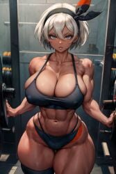 1girls abs ai_generated alternate_breast_size bea_(pokemon) big_breasts breasts bursting_breasts child_bearing_hips cleavage covered_nipples dark-skinned_female dark_skin dimples_of_venus facing_viewer female female_only gray_eyes gray_hair grey_eyes grey_hair gym headband huge_breasts huge_thighs human human_characters_in_pokémon human_only indoors inside large_breasts looking_at_viewer midriff muscular muscular_female navel nipple_bulge panties parted_lips pokemon pokemon_ss short_hair sideboob silver_eyes silver_hair solo solo_female sports_bra stable_diffusion standing tampopo thick_thighs toned toned_female white_hair wide_hips