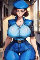 1girls ai_generated belt beret big_ass big_breasts blue_eyes blue_shirt blush brown_hair button_down_shirt capcom cleavage female female_only hips_wider_than_shoulders huge_breasts indoors inside jeans jill_valentine looking_at_viewer pants patch resident_evil resident_evil_remake shirt short_hair short_sleeves shoulder_pads solo solo_female stable_diffusion standing suspenders tampopo thick_thighs tucked_shirt uniform wide_hips window