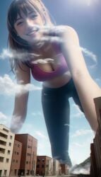1girls ai_generated big_breasts black_pants breasts brown_hair brown_hair brown_hair_female brunette_hair female female_focus female_only giant_woman giantess giga_giantess light-skinned_female light_skin macro macro_female mega_giantess megalover93 on_all_fours pants pink_tank_top realistic smile smiling smiling_at_viewer solo solo_female solo_focus tank_top tanktop