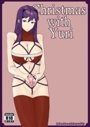 artist_name bedrockscruffy big_breasts bondage breasts cleavage doki_doki_literature_club doujin_cover english_text long_hair navel purple_eyes purple_hair shibari shibari_bondage text twitter_username yuri_(doki_doki_literature_club)