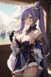 ai_generated anime bare_shoulders breasts cute female genshin_impact girl keqing_(genshin_impact) medium_breasts piercing_thunderbolt purple_eyes purple_hair solo underpants