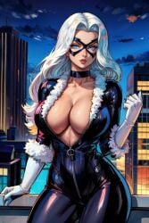 1girls ai_generated big_breasts black_cat_(marvel) blue_eyes bodysuit choker city cleavage domino_mask felicia_hardy female female_only fur fur-trim gloves large_breasts latex latex_suit lips lipstick long_hair marvel marvel_comics outside rooftop solo solo_female spider-man_(series) stable_diffusion superheroine tampopo villainess white_hair wide_hips zipper zipper_down