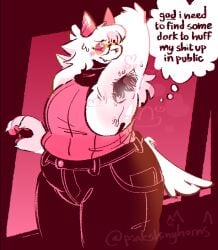 armpits arms_up clothed english_text fangs glasses hairy_armpits horns nier_(pinkshinyhorns) no_humans original original_character paws pinkshinyhorns slightly_chubby sweat sweatdrop tail thought_bubble trans_(lore) trans_woman_(lore) watermark white_fur