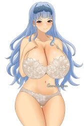 1girls alternate_hairstyle bangs bare_midriff bare_thighs blue_hair bra breasts brown_eyes cleavage female female_only fire_emblem fire_emblem:_three_houses fire_emblem_warriors:_three_hopes genm7 hairband hand_on_own_chest huge_breasts looking_at_viewer marianne_von_edmund midriff nintendo official_alternate_hairstyle panties smile solo thighs underwear very_long_hair white_background white_bra white_panties