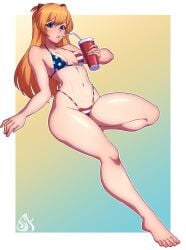1girls 4th_of_july american_flag_bikini asuka_langley_sohryu bent_legs bikini cup drinking female female_only long_hair looking_at_viewer neon_genesis_evangelion orange_hair small_breasts solo souladdicted straw thick_thighs very_high_resolution