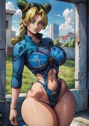 1girls ai_generated big_breasts bikini_bottom blonde_hair blue_eyes braids dimples_of_venus double_bun exposed_shoulders female female_only green_hair hair_buns halter_top jojo's_bizarre_adventure jojo_no_kimyou_na_bouken jolyne_kujo large_breasts leaning_back lifted_top lipstick long_sleeves makeup midriff navel outdoors outside ponytail pool slight_smile smile solo solo_female stable_diffusion stone_ocean tampopo thick_thighs wide_hips yellow_lipstick