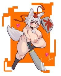 1girls action_pose animal_ear_fluff artist_signature blush chest_tuft doctor5648 frown heart huge_breasts inubashiri_momiji long_gloves momiji_inubashiri nipples nude red_eyes red_hat shield short_hair solo sweatdrop sword thick_thighs tokin_hat touhou white_hair wolf_ears wolf_girl wolf_tail