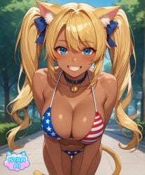 2d 4th_of_july ai_assisted ai_generated ai_girl american_flag_bikini american_flag_bikini_bottom american_flag_bikini_top athletic bell bell_collar belly_button big_breasts bikini bikini_bottom bikini_top black_bikini black_bikini_top blonde_female blonde_hair blonde_hair_female blue_eyes bra breasts cat_bell cat_girl catgirl cleavage collar cosplay curvy_female dark dark_body dark_skin eyes female female_focus fit_female front_view giant_breasts girl humanoid large_breasts leaning_forward massive_breasts mature_female mature_woman micro_bikini micro_bikini_bottom micro_bikini_top midriff neko nekomimi nyan_ai nyanai outfit outside park park_background pose ribbons ribbons_in_hair sfw shiny_skin smile standing standing_female standing_position stomach sunlight tan-skinned_female tan_body tan_skin tanned-skinned_female tanned_body thick_thighs twintails twintails_(hairstyle)
