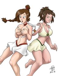 2013 2girls assisted_exposure avatar_the_last_airbender bare_legs bare_shoulders barefoot big_breasts bikini bikini_top_removed braid breast_squish breasts_together brown_hair busty callmepo choker clothes_removed clothing color colored covering covering_breasts cute devious_smile earth_kingdom exposed_breasts female female_only fire_nation high_ponytail human human_only jin_(avatar) large_breasts light-skinned_female light_skin long_hair looking_at_own_breasts looking_at_viewer matching_outfit midriff multiple_girls prank removing_clothing running shocked skirt smile stolen_bikini stolen_swimsuit straight_hair suddenly_naked suddenly_topless surprised swept_bangs swimsuit tied_hair topless ty_lee undressing_another wide_eyed