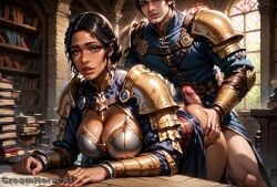 ai_generated armor big_ass big_balls big_breasts big_penis creamhorseai dragon_age dragon_age_inquisition hi_res high_resolution highres hourglass_figure huge_balls huge_breasts huge_cock jewelry josephine_montilyet penis penis_awe perfect_body precum tan_body tan_skin