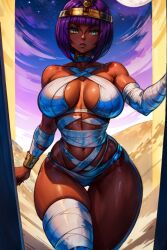 1girls ai_generated armlet bandages big_breasts bob_cut capcom circlet criss-cross_halter dark-skinned_female dark_skin desert female female_only green_eyes large_breasts menat moon mummy mummy_costume mummy_wrappings navel night outdoors outside parted_lips purple_hair short_hair sideboob skindentation sky solo solo_female stable_diffusion stars street_fighter street_fighter_v tampopo thick_thighs wide_hips