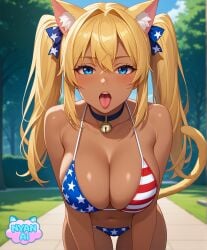 2d 4th_of_july ai_assisted ai_generated ai_girl american_flag_bikini american_flag_bikini_bottom american_flag_bikini_top athletic bell bell_collar belly_button big_breasts bikini bikini_bottom bikini_top black_bikini black_bikini_top blonde_female blonde_hair blonde_hair_female blue_eyes bra breasts cat_bell cat_girl catgirl cleavage collar cosplay curvy_female dark dark_body dark_skin eyes eyes_open female female_focus fit_female front_view giant_breasts girl humanoid large_breasts leaning_forward massive_breasts mature_female mature_woman micro_bikini micro_bikini_bottom micro_bikini_top midriff mouth_opened neko nekomimi nyan_ai nyanai open_mouth outfit outside park park_background pose ribbons ribbons_in_hair sfw shiny_skin standing standing_female standing_position stomach sunlight tan-skinned_female tan_body tan_skin tanned-skinned_female tanned_body thick_thighs tongue tongue_out twintails twintails_(hairstyle)