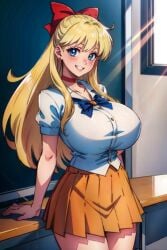 1girls ai_generated alternate_breast_size bangs big_breasts bishoujo_senshi_sailor_moon blonde_hair blue_bow blue_eyes blush bow breasts button_down_shirt buttons choker classroom female female_only grin hairbow huge_breasts indoors inside large_breasts looking_at_viewer orange_skirt red_bow sailor_venus school_uniform short_sleeves skirt smile solo solo_female stable_diffusion standing tampopo uniform