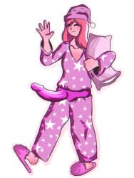 agente_shuffle based_on_a_real_person closed_eyes feet night_gown pillow pink_clothes pink_clothing pink_dildo pink_hair pink_outline pink_skin sleeping_hat sleepy slippers smile smiling star_pattern strap-on transparent_background tsuki_starshines waving waving_at_viewer