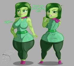 absurd_res big_breasts big_thighs clothed dialogue disgust_(inside_out) disney green_body green_eyes green_hair inside_out ryunsfw short_hair shortstack simple_background text thick_thighs