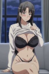 ai_generated black_bra black_hair black_panties bra breasts grey_eyes hiratsuka_shizuka huge_breasts large_breasts long_hair my_teen_romantic_comedy_snafu navel panties shirt_lift stomach tagme