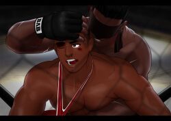 10s 2017 2boys bara black_hair blood buzz_cut covered_eyes dark_skin kensuke_(yhs8) male male_only muscular nosebleed original tagme tears wrestling wrestling_ring