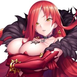 angry angry_at_viewer arm_warmers arms_around_breasts astaroth_(taimanin_asagi) bare_shoulders choker clenched_teeth color crossed_arms dress earrings female female_focus female_only fur_trim game_cg hair_between_breasts huge_breasts long_hair looking_at_viewer overflowing_breasts potion_(moudamepo) red_dress red_hair sleeveless sleeveless_dress taimanin_(series) taimanin_rpgx tattoo tattoo_on_breast tattoo_on_chest teeth teeth_showing upper_body white_background wristband yellow_eyes