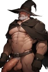 ai_generated bara big_pecs big_penis gay hairy hairy_armpits hairy_chest hairy_male muscular muscular_male old_man older_male puffy_nipples wizard wizard_hat wizard_robe