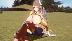 1girls 3d arisat arm_shield bangs beauty_mark braid breasts breasts_out brown_hair cleavage female female_only fire_emblem fire_emblem_engage gloves goldmary_(fire_emblem) hair_over_shoulder half-closed_eyes hourglass_figure huge_breasts long_hair looking_at_viewer mole mole_on_breast nintendo nipples outdoors seductive shield side_ponytail sitting skirt smile solo wide_hips yellow_eyes