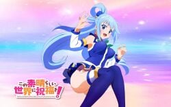 :d aqua_(konosuba) armpits ass background bangs bare_hips bare_shoulders blue_eyes blue_footwear blue_hair blue_shirt blue_skirt blue_thighhighs blush boots bottomless bow bowtie breasts buttocks clothing convenient_leg copyright_name detached_sleeves female female_only hair_ornament hair_rings hips kono_subarashii_sekai_ni_shukufuku_wo! large_breasts legs logo long_hair looking_at_viewer medium_breasts miniskirt multicolored_background no_panties no_underwear official_art open_mouth ponytail shirt skirt smile solo thigh_boots thighhighs thighs very_long_hair wallpaper