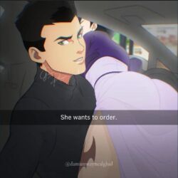 1boy 1girls ass batman_(series) bent_over damian_wayne damian_wayne_(dcamu) damianwaynealghul dc dc_comics dcamu dcau english_text female he_wants_to_order high_slit_dress inside_car male male/female meme rachel_roth raven_(dc) robin_(damian_wayne) robin_(dc) selfie she_wants_to_order slit_dress straight tattoo teen_titans the_worst_robin