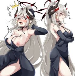 1girls arms_under_breasts bare_shoulders black_dress black_gloves black_horns blue_archive blue_eyes blush breasts breasts_out cleavage clothes_pull covered_erect_nipples dress dress_pull earrings elbow_gloves gloves grey_hair hair_between_eyes halo high_ponytail highres horns jewelry large_breasts long_hair machismo_fuji makoto_(blue_archive) makoto_(dress)_(blue_archive) multiple_views nipples open_mouth pointy_ears simple_background surprised sweat teeth very_long_hair wardrobe_malfunction white_background