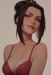 1girls ai_generated avatar_legends avatar_the_last_airbender azula barely_clothed biting biting_lip blush bra breasts brown_hair cleavage clothing ears eyebrows eyelashes face female fire_nation hair_bun light_skin lingerie lip_biting lips midcafe_(artist) nose open_mouth petite red_eyes seductive_look short_hair simple_background solo teeth tied_hair underwear upper_body