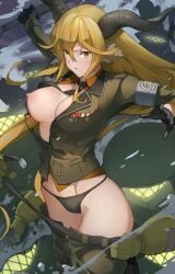 animal_ears arknights armband belt black_belt black_gloves black_horns black_necktie black_panties blonde_hair breasts breasts_out bright_pupils buttons cleavage commentary cowboy_shot degenbrecher_(arknights) female gloves green_jacket green_pants grey_armband groin hair_between_eyes highres holding horns jacket kiso_(wjnomcuzqmdjcql) lapels large_breasts long_hair long_sleeves medal necktie nipples panties pants parted_lips solo torn_clothes torn_jacket underwear white_pupils yellow_eyes
