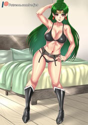 bedroom belly_piercing bishoujo_senshi_sailor_moon boots bra female female_only garter_belt green_hair imminent_sex large_breasts lingerie looking_at_viewer navel_piercing panties redjet sailor_pluto setsuna_meiou solo