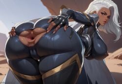 1girl ai_generated alternate_version_at_source anus ass ass_focus big_ass big_butt blue_eyes dark-skinned_female desert female hypet marvel marvel_rivals medium_breasts spread_anus spread_butt storm_(marvel_rivals) storm_(x-men) suit thick thick_thighs thigh_highs thighs tight_clothing video_game_character white_hair