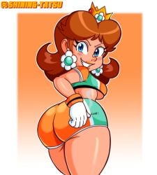 1girls artist_name ass big_ass big_breasts big_butt bimbo blue_eyes breasts brown_hair busty confident daisy's_hot_stuff_(trend) fat_ass female female_only gloves grin hand_on_ass hand_on_hip highres huge_butt large_breasts large_butt legs looking_at_viewer looking_back mario_(series) mario_strikers midriff nintendo orange_lips pose posing princess_daisy sensual shining-tatsu shiningtatsu short_hair shorts sideboob smile soccer soccer_uniform solo sportswear thick_ass thick_thighs thighs underboob voluptuous