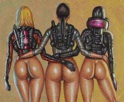 3girls anus ass blonde_hair bottomless brown_hair capcom cloves dat_ass edithemad female female_only hand_on_ass jacket jessica_sherawat jill_valentine jill_valentine_(amra_sila) long_hair multiple_girls pussy rachel_foley resident_evil resident_evil_revelations