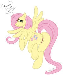 2013 anus ass blue_eyes cutie_mark dialog english_text equine female fluttershy_(mlp) friendship_is_magic hair horse looking_at_viewer looking_back my_little_pony pegasus pink_hair plain_background pony pussy redrevolution smile solo straight_hair text white_background wings yellow_fur