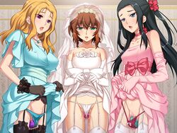 3girls black_hair blonde_hair blue_eyes blush breasts brown_hair dildo dress elbow_gloves game_cg garter_belt garter_straps green_eyes highres long_hair medium_breasts multiple_girls panties purple_eyes saiminjutsu_3 short_hair small_breasts standing thighhighs underwear wet yoshino_keiko