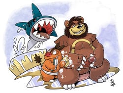 2013 anthro balls beard boar chubby claws facial_hair fish fur grin grizzly_bear hair leap male male_only marine nintendo nipples nude penis penis_grab pignite plain_background pokemon porcine precum shark sharpedo sitting soap surprised takataka toe_claws ursaring video_games water