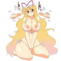 areolae bikini blonde_hair breasts curvy female gradient_hair huge_breasts kneeling long_hair masturbation multiple_penises nipple_slip nipples penis precum purple_eyes simple_background solo_focus swimsuit touhou uncensored very_long_hair wedge white_background wide_hips yukari_yakumo